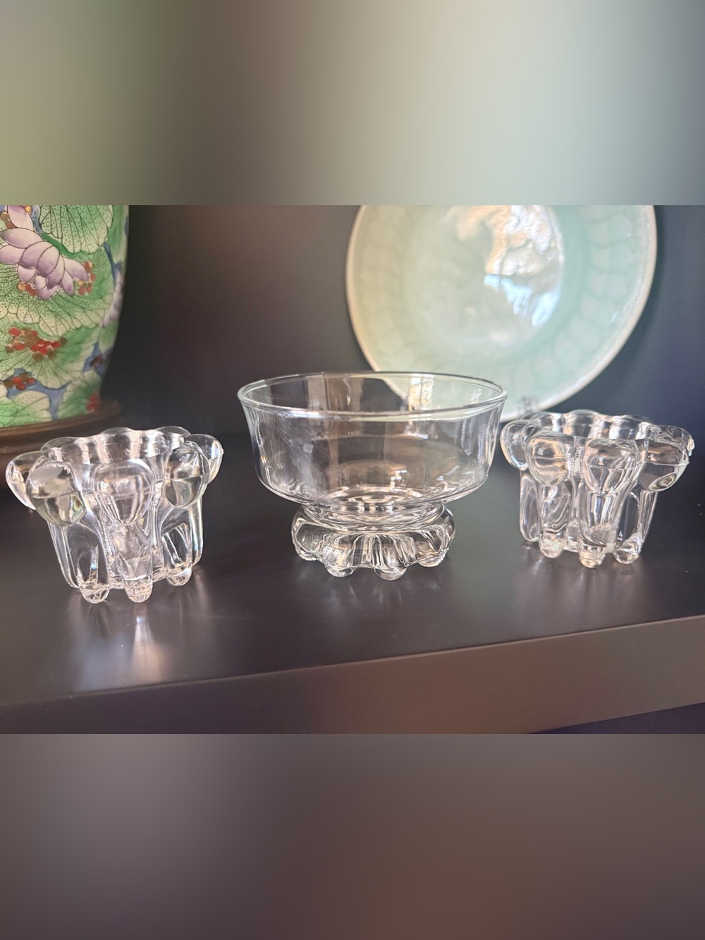 Modern Clear Glass Votive Candle Holders & Footed Dish Set Bubble Base